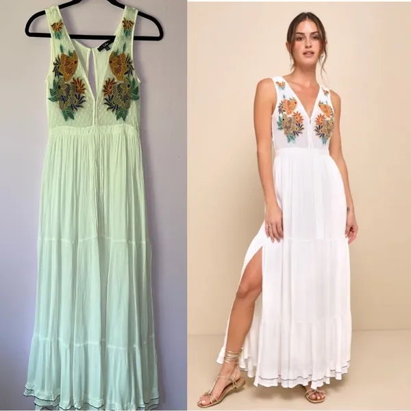 Lulu's XXS Maxi Dress White Embroidered Floral Vacation Cottage Coastal Boho - Image 2