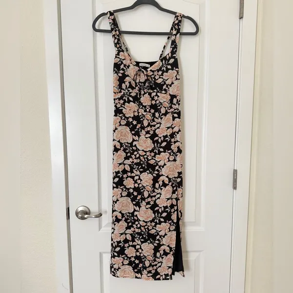 Abercrombie & Fitch Black Pink Floral Tie Front Midi Dress Size S Adjustable - Image 3