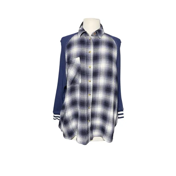 UO BDG Women’s Keanu Blue Plaid Varsity Mixed Media Button Up Flannel - Image 4