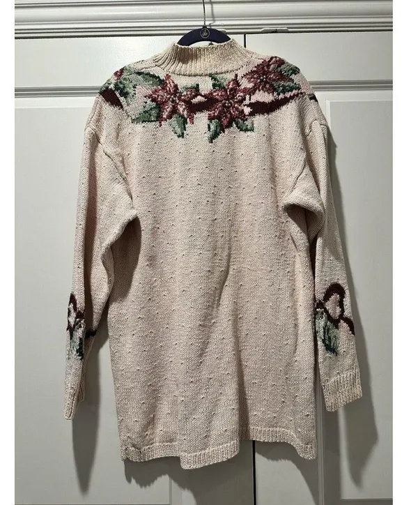 Vntg Talbots Christmas Holly Poinsettia Sweater Womens XL Bow Ivory Knit By Hand - Image 7
