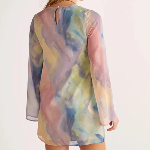 Nasty Gal Chiffon Marble Print Flared Sleeve Tunic Mini Dress - Image 3