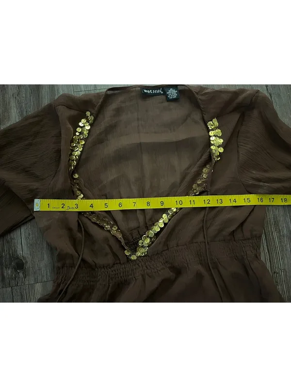 Y2K Wet Seal Brown Long Sleeve 100% Silk Sequin Blouse Top M - Image 7