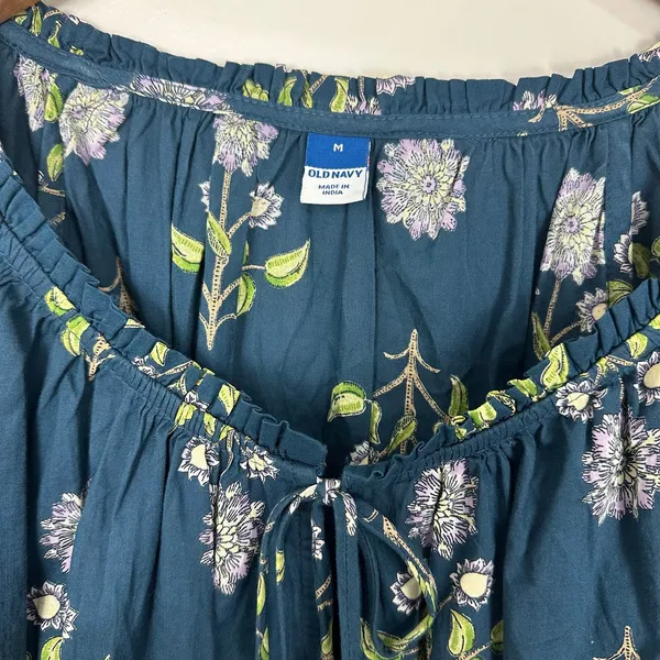 Old Navy Flutter Sleeve Tassel tie Boho Top Teal Floral Cotton Size Medium - Image 5