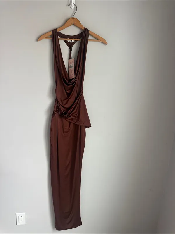 NEW Oh Polly Multiwear Cowl Neck Wrap Over Evening Gown in Chocolate Brown 4 - Image 2