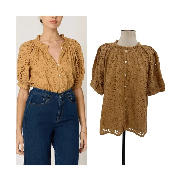 Cleobella Kate Organic Cotton Eyelet Puff Sleeve Blouse Wheat Brown Size Large - Image 2