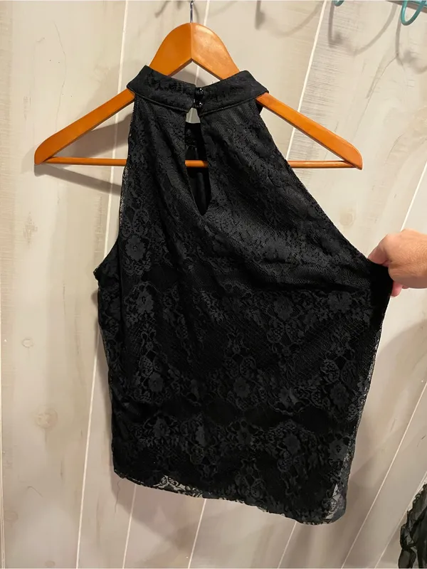 Cute Y2K lace ruffle high neck sleeveless top lined AB Studio whimsigoth tuxedo - Image 5