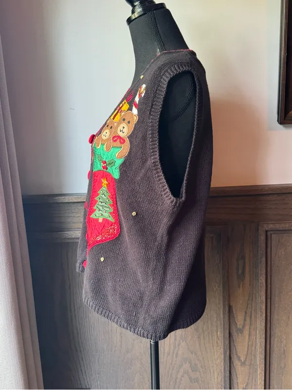 Nutcracker Festive Black Christmas Stocking Embroidered Sweater Vest medium - Image 2