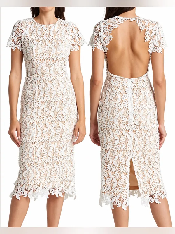 NSR White Floral Lace Midi Dress Open Back Bridal Wedding Cocktail NWT Style - Image 2