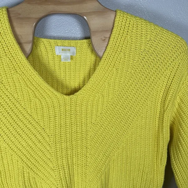 Anthropologie Maeve Yellow Chunky Knit Sweater Sz Medium Cotton Wool Blend Vneck - Image 2
