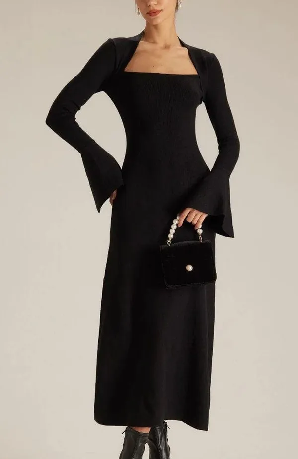 RIHOAS The Black Square Neck Flare Sleeve Midi Dress 72 - Image 4