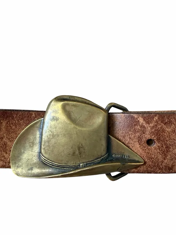 Vintage 70s leather brass buckle belt medium - Image 3