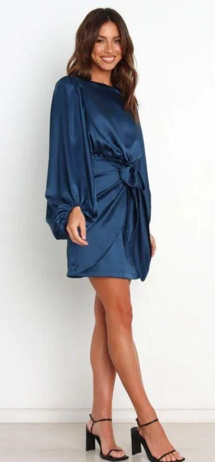 Petal & Pup Opal Navy Blue Satin Long Balloon Sleeve Wrap Mini Dress 4 - Image 12