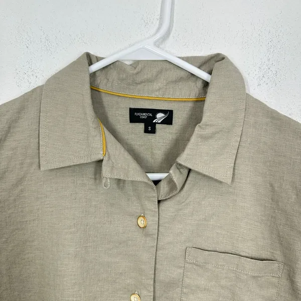 Fundamental Coast Linen Blend Short Sleeve Button Up Shirt Camp Top Beige Size S - Image 4