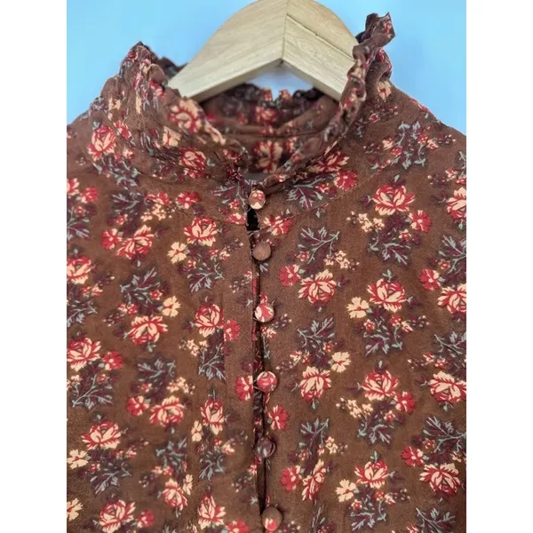 April Cornell Top Medium Floral Brown‎ Button Retro Cottagecore Boho Peasant Brown - Image 2