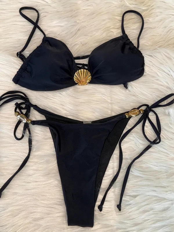 SHEIN Black Bikini w/ Gold Shell Accents Size Small MINIMALIST CLASSIC - Image 3