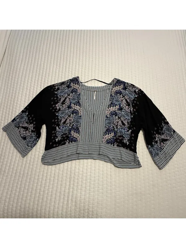Free People Cropped V Neck Blouse Shirt Printed Floral & Stripes Boho Sz L Large - Image 3