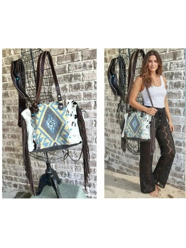 Myra Bag Crashing Waves Crossbody Tote Saddle Blanket Purse Leather Fringe NWOT - Image 2