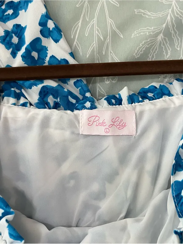 Pink Lily Blue White Floral Tie-Shoulder Maxi Dress New Sz L - Image 9