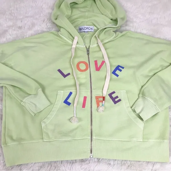 WILDFOX Love Life Kinley Hoodie Cropped Jacket Zip‎ Front Green Size Small New - Image 6