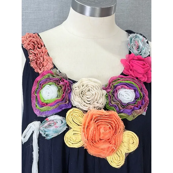 Feratelli Tank Top L Navy 3D Floral Rosette Applique Cotton Artsy Whimsical - Image 2