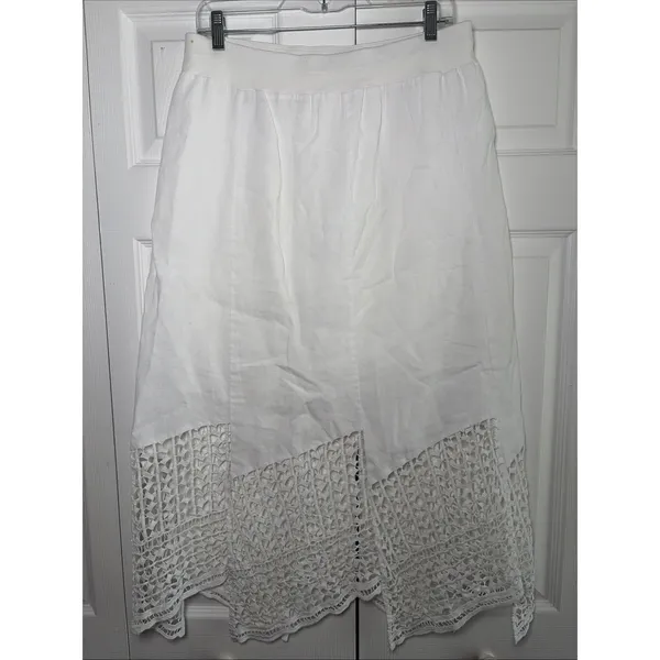Chico's‎ Crochet Hem Midi Skirt Womens Size 0.5 S White Boho Coastal Linen Blend - Image 4