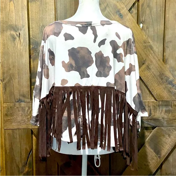 NWT Peach Love California Brown and White Crop Fringe Cow Print Tee - Image 6