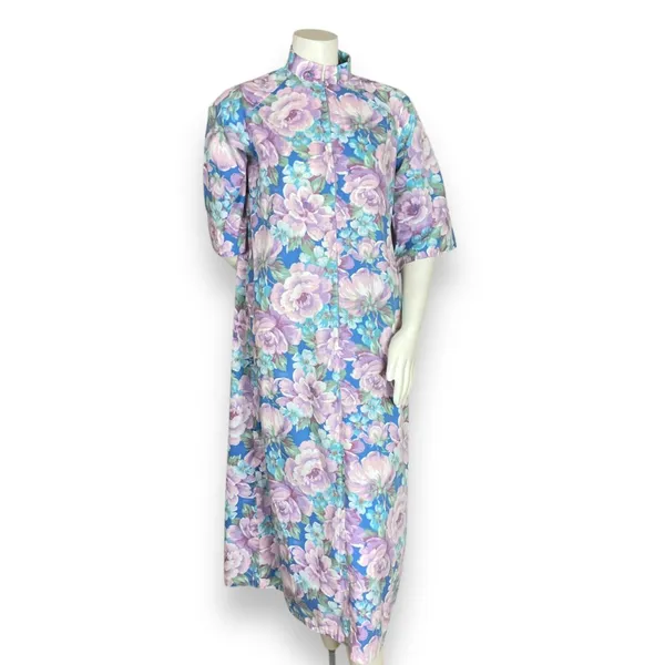 Vintage Handmade Housedress Floral Dress Purple Blue‎ Zip-Front Stand-Up Collar - Image 2