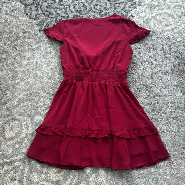 Pretty Garden Tie Front Ruffle Dress Maroon Large - Image 5