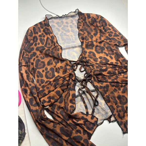 Leopard Print Mesh Tie Front Top Brown Black Ruffle Bell Sleeve Y2K Coquette - Image 3