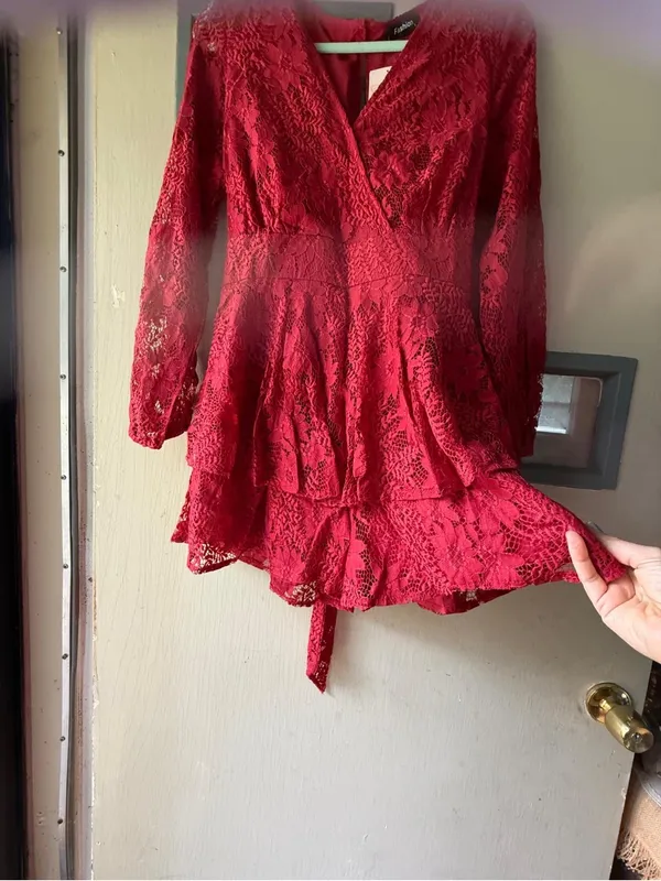 Fabletics Red Lace Long-Sleeve Romper - Image 3