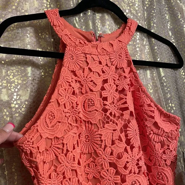 Lulus‎ Love Poem bright coral orange lace mini dress, size S, NWT - Image 2