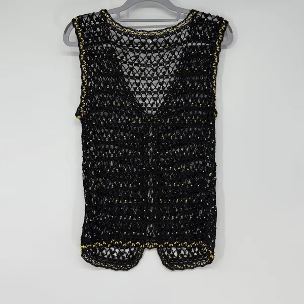Vintage Korea Black Crochet Gold‎ Beaded Open Knit Boho Festival Vest - Image 2