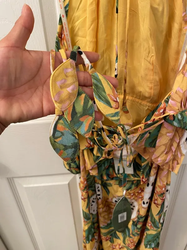 FARM Rio BiRiBA Yellow Tropical Halter Midi Dress with Side Slit and Peplum - Image 6