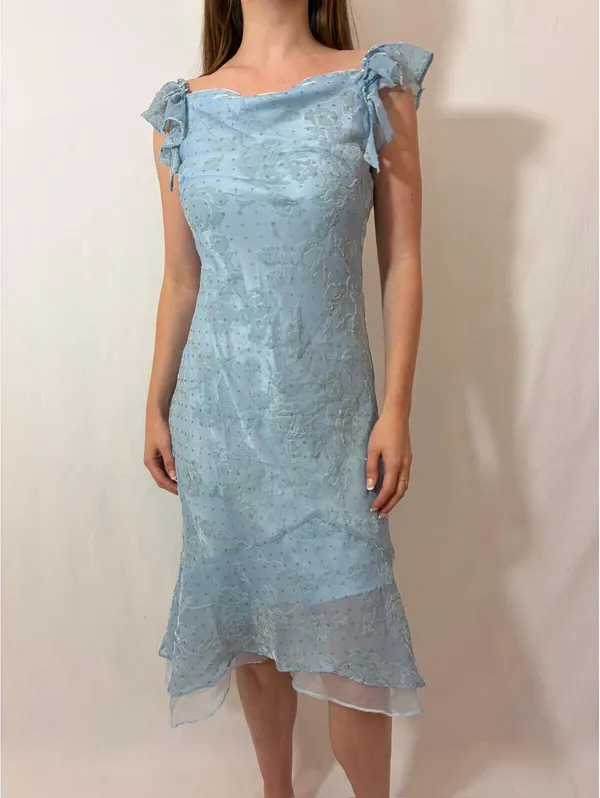 Light Blue Rose Floral Velvet Ruffle Japanese Vintage Formal Coquette Dress - Image 5