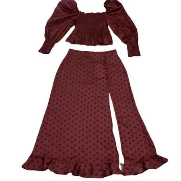 Zara MIDI Polka Dot Mauve & Olive Green Skirt Set(Size XS) - Image 3