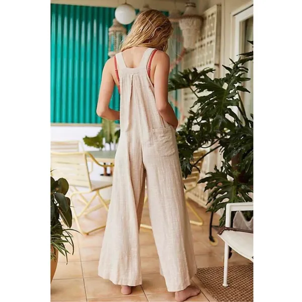 Boutique Beige Wide Leg Loose Overalls Jumpsuit w/ Pockets - Image 3