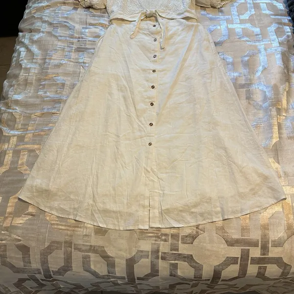 Source Unknown White Puff Sleeve Dress Halter Top Smocked Back Women's Large Tie Front Buttons - Image 4