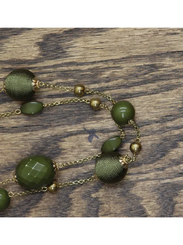 NWT Erica Lyons Layered Threaded Bead Holiday Necklace Gold / Green 29" + 3" - Image 3
