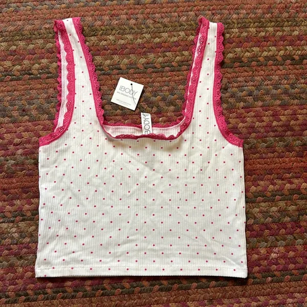 Nwt Cotton On Body Pink Polka Dot Lace Trim Crop Stretch Tank - Image 3