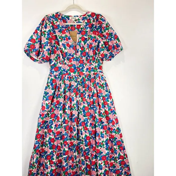NEW Boden Midi Dress Pink Lillian Cotton Floral V Neck Puff Sleeve Boho US 10 - Image 8