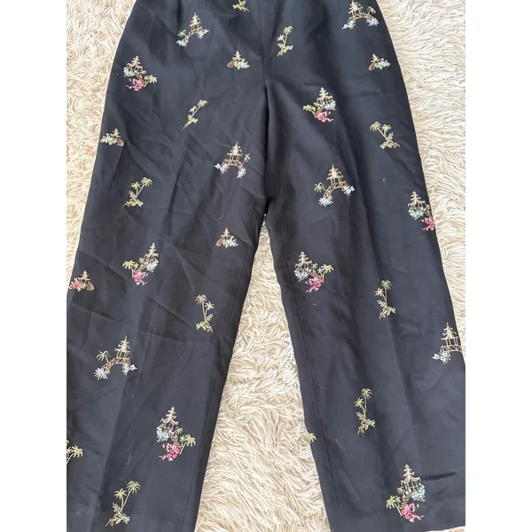 Talbots Black Embroidered Pagoda Palm Tree Wide Leg Pants Size 12‎ - Image 2