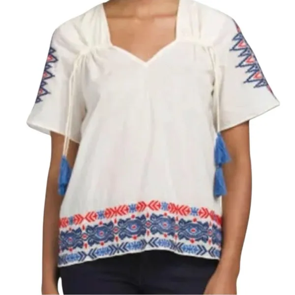 Anthropologie Pepin Women’s Size M White Red Blue Embroidered Cotton V-Neck Top - Image 3