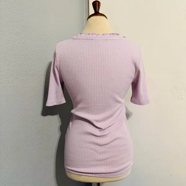 LOFT Women Lilac‎ Y2K Textured Waffle Scoopneck Pointelle Ruffle Henley Top Sz L - Image 6