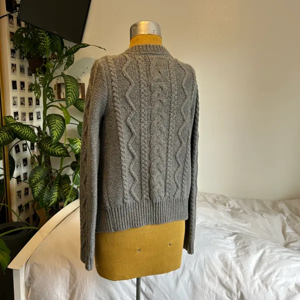 Aerie wool blend grey button cable pom pom ribbed cardigan - Image 3