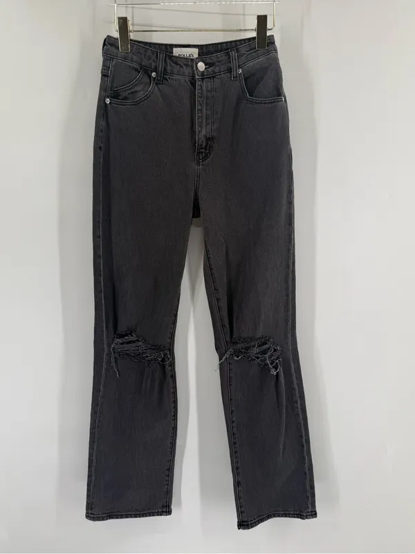 Rollas Original Straight Black High Rise Distressed‎ Denim Jeans size 27 - Image 4