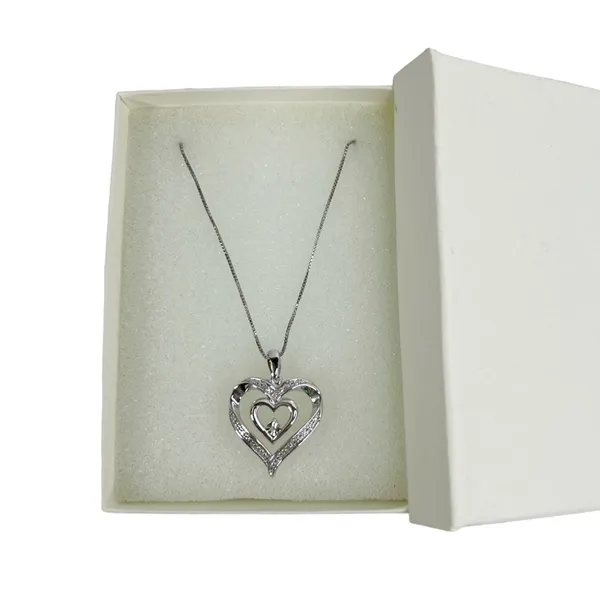 Diamond Double Heart Sterling Silver Box Chain Pendant Necklace - Image 2