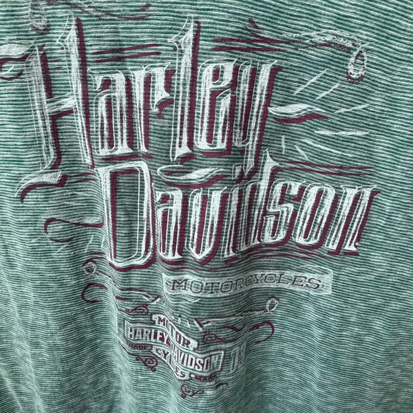 Harley Davidson Womens Size Large Green V-Neck Tee Biker Motorcycle Logo Y2K - Image 2