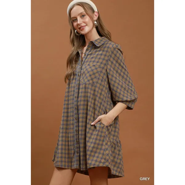Umgee Plaid‎ Button Down Oversized Shirt Dress - Grey - Medium - Image 2