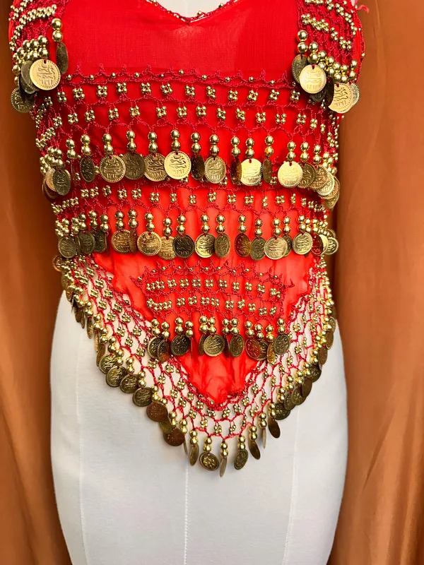 Belly Dance Costume Size M-L Red Golden Coins Halter Top & Hip Scarf - Image 8
