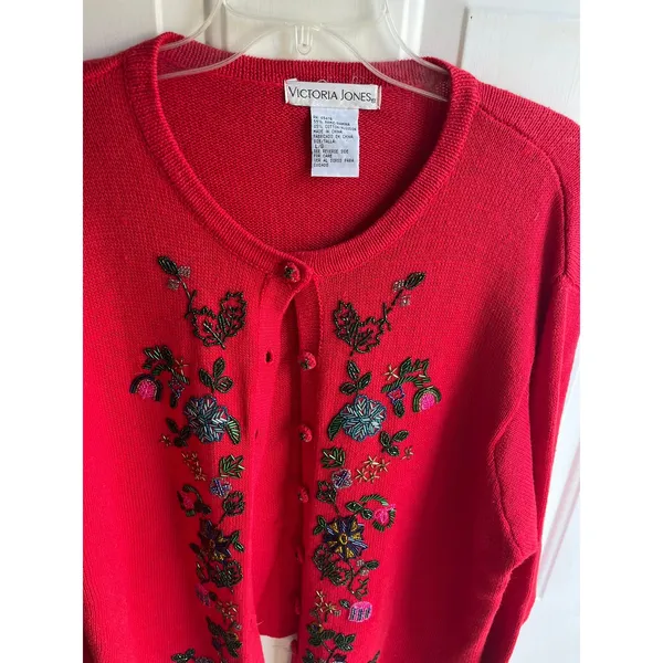 Victoria Jones 90's Women's Red Floral Beaded‎ Button Down Ramie Cardigan Large - Image 2